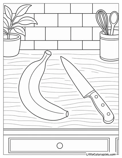 Single Banana Placed Next to a Plain Kitchen Knife Coloring Page