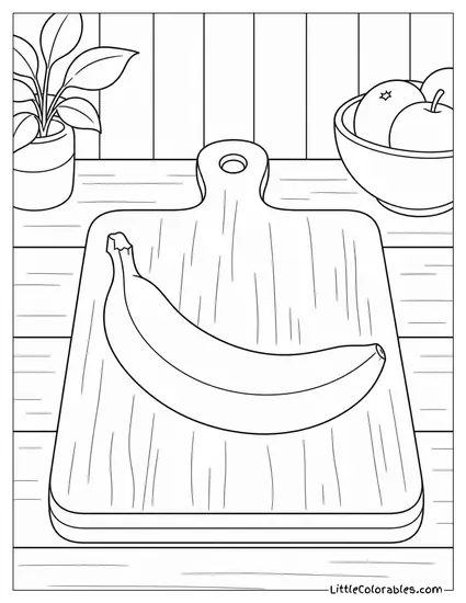 Single Banana Sitting Flat on a Wooden Cutting Board Coloring Page