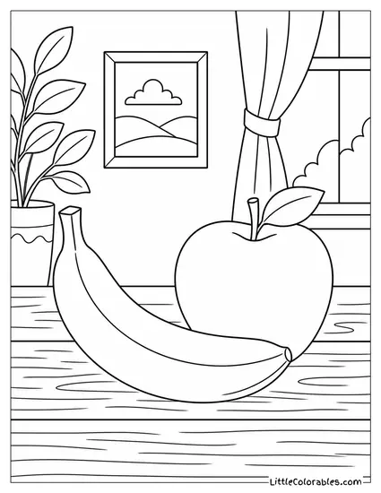 Single Banana Sitting Next to a Whole Apple Coloring Page