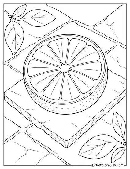 Single Blood Orange Sliced in Half on a Dark Slate Tile Coloring Page