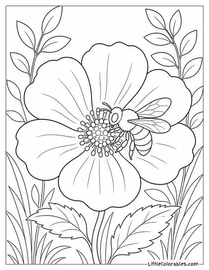 Single Bloom with a Small Bee Collecting Pollen Coloring Page