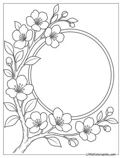Single Branch with Blossoms Framing a Circular Empty Space Coloring Page