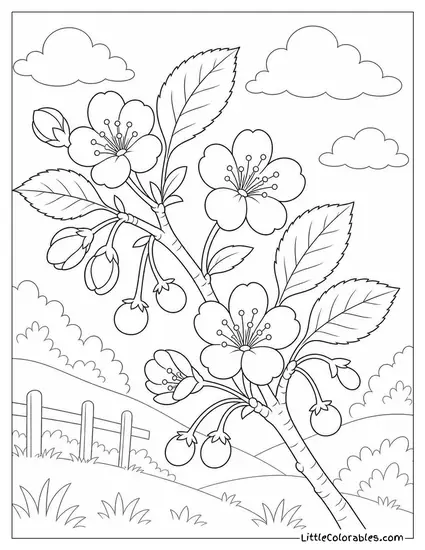 Single Branch with Late Season Blooms and Tiny Green Cherries Forming Coloring Page