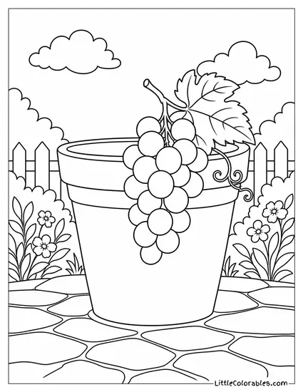 Single Bunch of Grapes Draped Across the Rim of a Plain Clay Pot Coloring Page