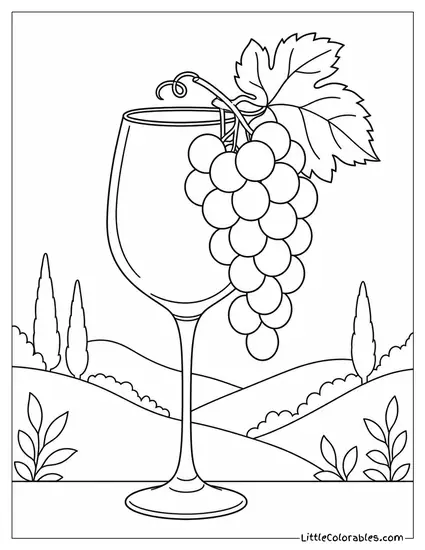 Single Bunch of Grapes Draped Over the Edge of a Tall Wine Glass Coloring Page
