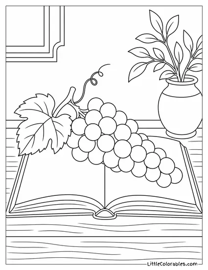 Single Bunch of Grapes Lying Across an Open Hardcover Book Coloring Page