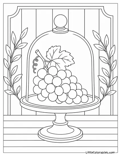Single Bunch of Grapes Placed Beneath a Small Glass Cloche Coloring Page