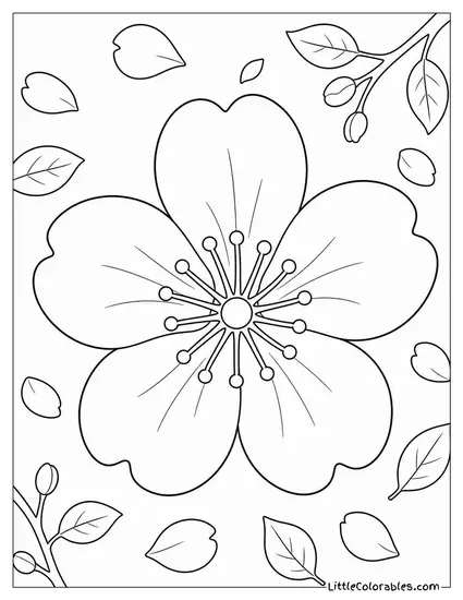 Single Cherry Blossom Bloom Viewed from Directly Above Coloring Page