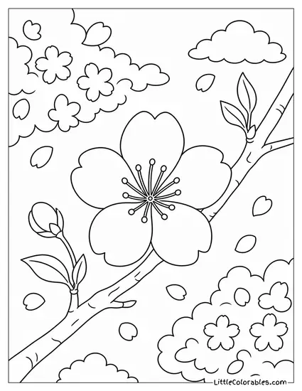 Single Cherry Blossom Blooming on a Spring Branch Coloring Page