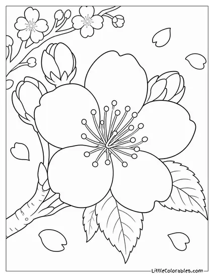 Single Cherry Blossom Cluster Close Up Showing Stamens Coloring Page
