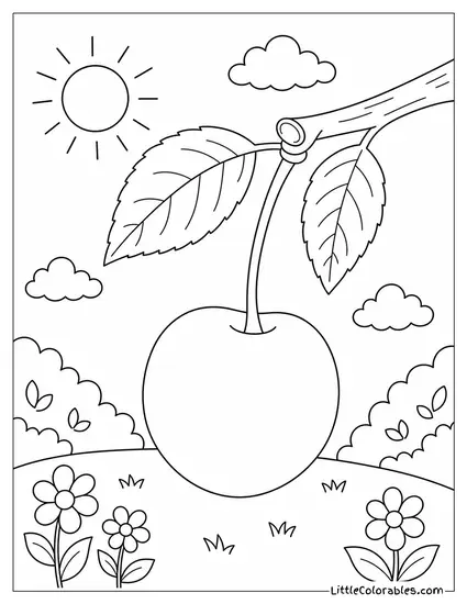 Single Cherry on a Branch Leaves Coloring Page