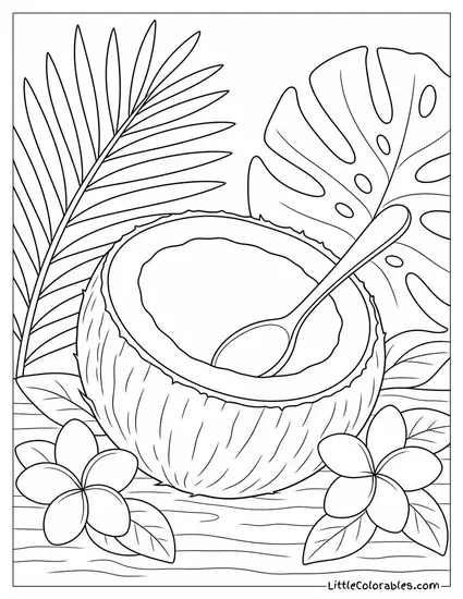 Single Coconut Split in Half with a Small Spoon Inside Coloring Page