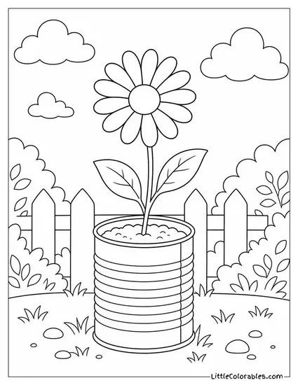 Single Daisy Growing in a Tin Can Planter Coloring Page