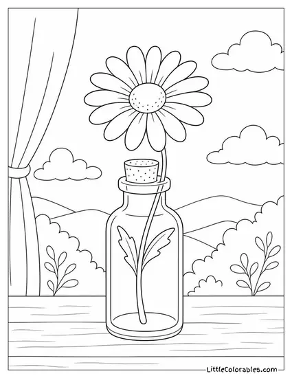 Single Daisy in a Small Corked Glass Bottle Coloring Page