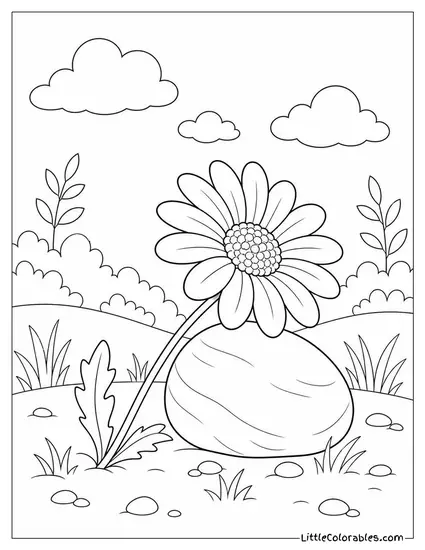 Single Daisy Leaning Against a Small Smooth Pebble Coloring Page