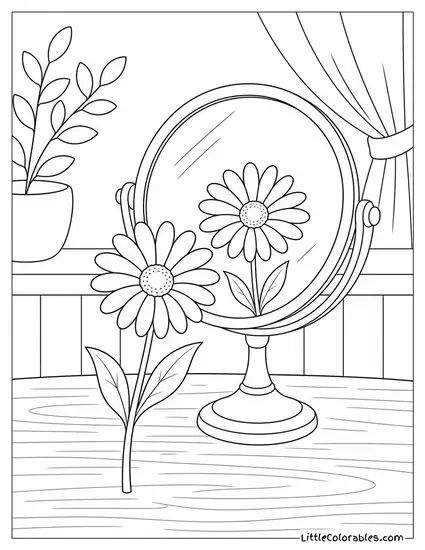 Single Daisy Reflected in a Small Round Mirror Coloring Page