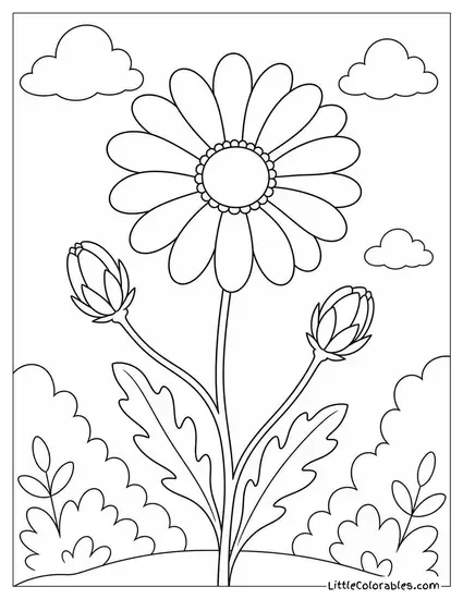 Single Daisy Stem with Two Buds and One Open Bloom Coloring Page