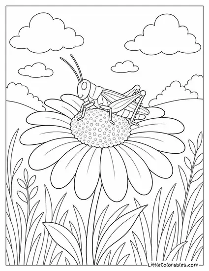 Single Daisy with a Grasshopper Perched on its Center Coloring Page