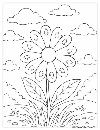 Single Daisy with a Raindrop on Each Petal Coloring Page