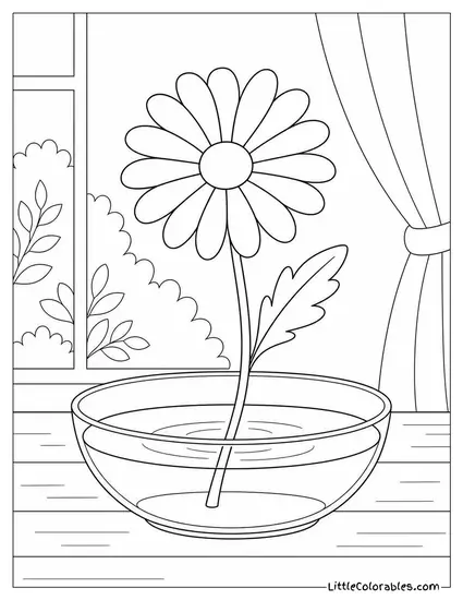 Single Daisy with its Stem in a Shallow Dish of Water Coloring Page