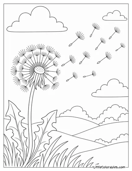 Single Dandelion with Seeds Floating Off in the Breeze Coloring Page