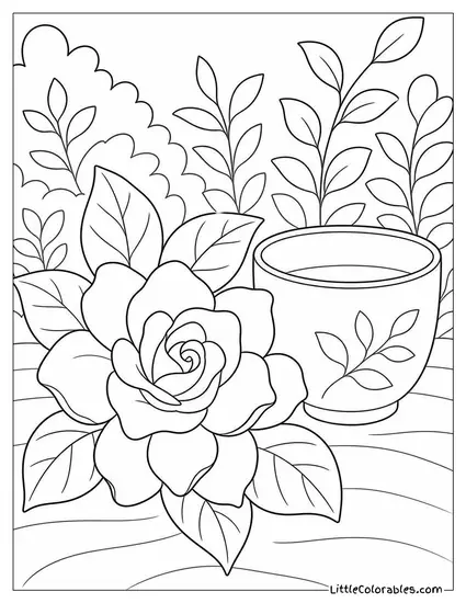 Single Gardenia Bloom Beside a Small Ceramic Tea Cup Coloring Page