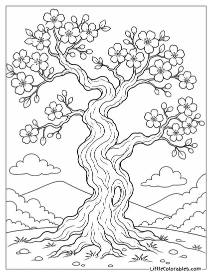 Single Gnarled Old Cherry Tree Trunk with Blossoms at Branch Tips Coloring Page