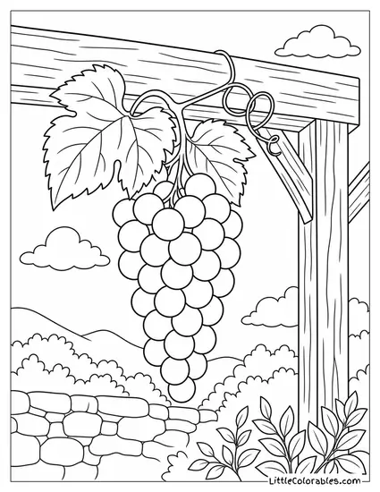 Single Grape Bunch Hanging from a Wooden Pergola Beam with Leaves Coloring Page