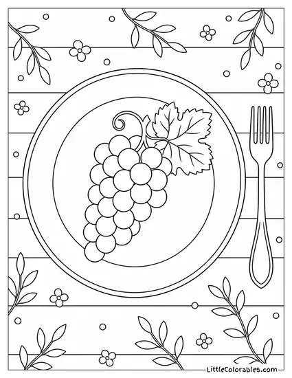 Single Grape Bunch Lying on a Plain Ceramic Dinner Plate with a Fork Coloring Page