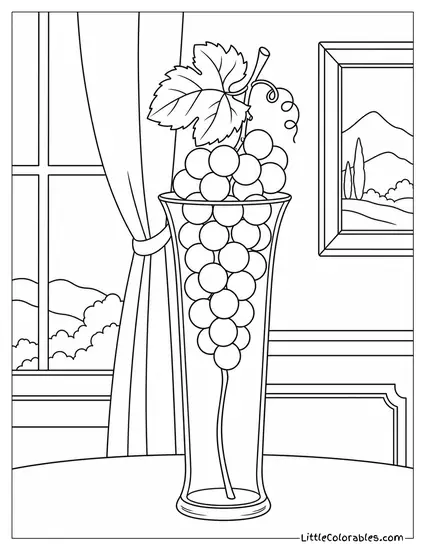 Single Grape Bunch Propped Upright Inside a Tall Narrow Glass Coloring Page