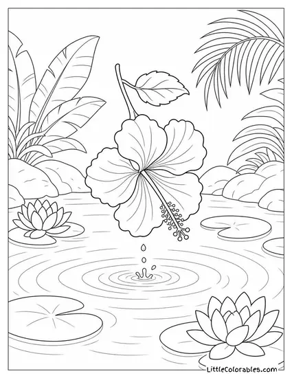 Single Hibiscus Bloom Falling into a Still Pool Coloring Page