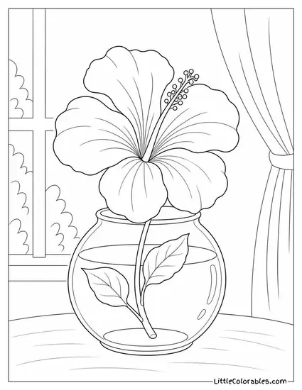 Single Hibiscus in a Small Round Fishbowl Vase Coloring Page