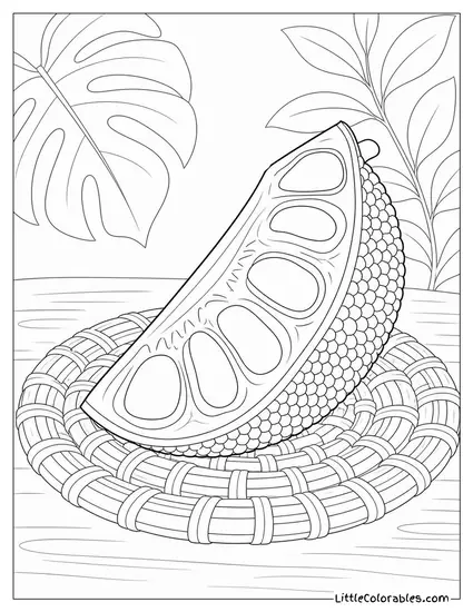 Single Jackfruit Wedge Propped Against a Woven Placemat Coloring Page