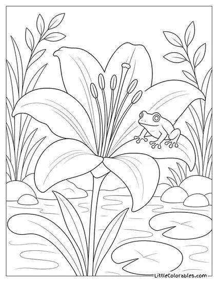 Single Lily Bloom with a Small Frog Perched on a Petal Coloring Page