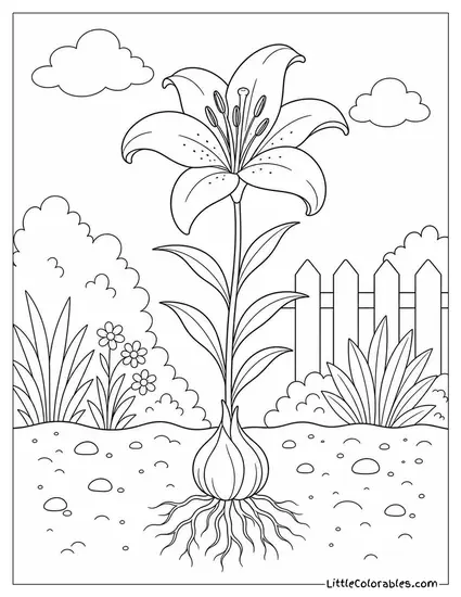 Single Lily Growing from a Bulb with Roots Visible Coloring Page