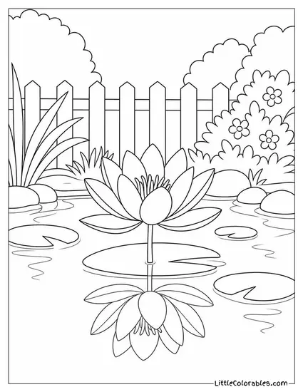 Single Lily Reflected in a Still Backyard Pond Coloring Page