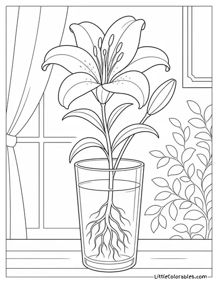 Single Lily Stem in a Glass of Water with Roots Forming Coloring Page