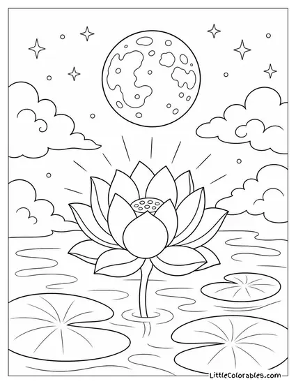 Single Lotus Bloom Glowing Softly Beneath a Full Moon Coloring Page