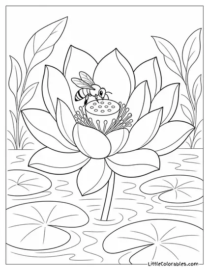 Single Lotus Bloom with a Bee Landing Gently on its Center Coloring Page