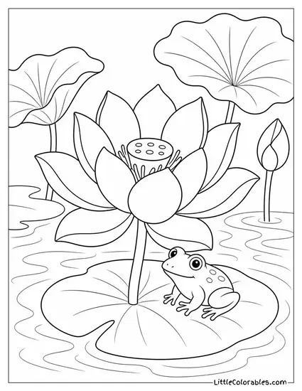 Single Lotus Bloom with a Small Frog Resting Beside it Coloring Page