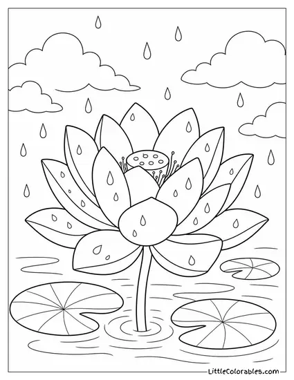 Single Lotus Bloom with Raindrops Resting on its Petals Coloring Page