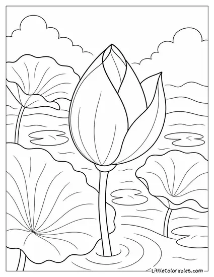 Single Lotus Bud Just Beginning to Unfurl its First Petal Coloring Page