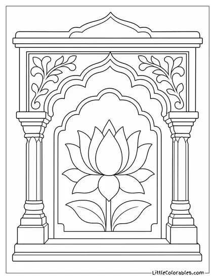 Single Lotus Flower Carved into a Wooden Temple Doorway Coloring Page
