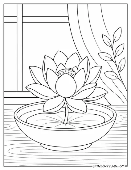 Single Lotus Flower in a Shallow Ceramic Bowl on a Table Coloring Page