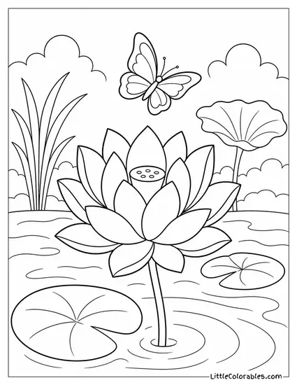 Single Lotus Flower with a Butterfly Hovering Just Above it Coloring Page