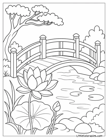 Single Lotus Growing Beside a Curved Wooden Garden Bridge Coloring Page