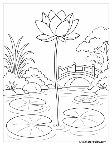 Single Lotus Stem Rising Tall Above a Calm Garden Pool Coloring Page