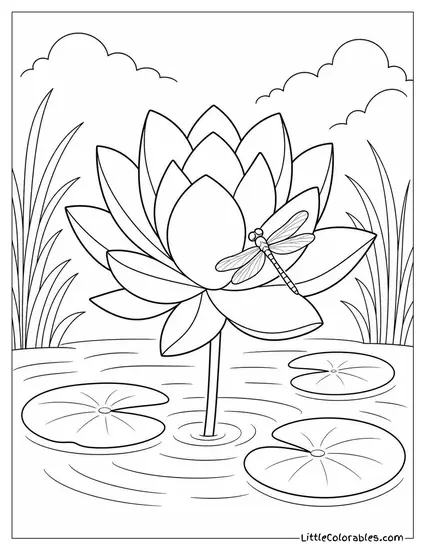 Single Lotus with a Dragonfly Resting on One Petal Coloring Page