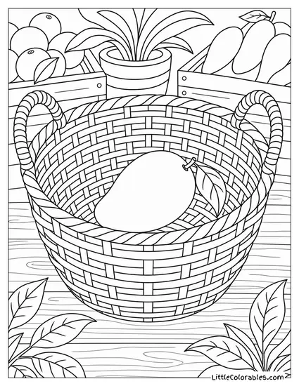 Single Mango Placed Inside a Deep Woven Market Basket With Leaves Coloring Page