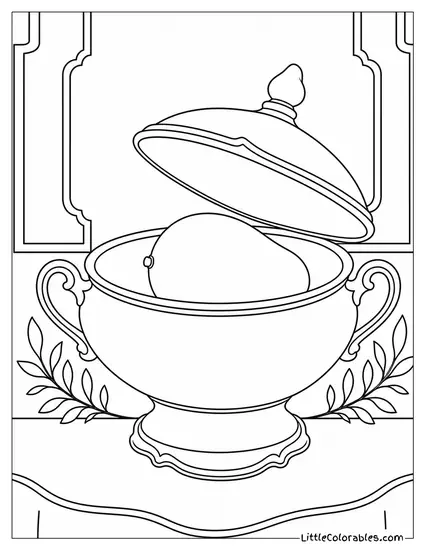 Single Mango Placed Inside a Plain White Porcelain Soup Tureen Coloring Page